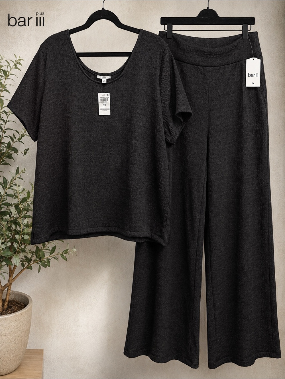 Bar III Plus Black Textured Matching Pant Set 3X Top 2X Pants Quiet Luxury